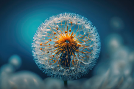Dandelion in close up on a blue background. Wish Fulfillment Is Yours to Control. Magnified view of a seed. The season of warmth and sunshine is ended. Meaningful aspirations and rays of hope. Fragiliの素材