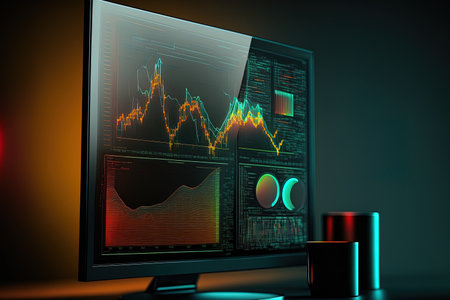 Holographic forex chart with computer background on table. two fold exposure financial markets conceptの素材