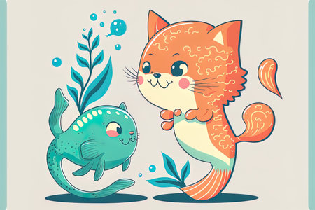 Illustration of a cartoon mermaid cat and fish. animal nature symbol design in a flat cartoon style solitaryの素材