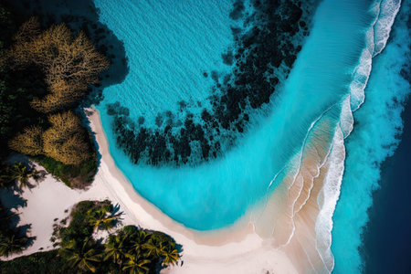 Intensely natural beach with a stunningly blue water. Overlooking the ocean from high above. The tropical beach seen from above. Isle of paradise. Waves gently lapping on a deserted sandy beach. Theの素材