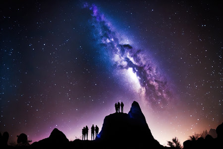 A silhouette of cheerful individuals standing atop doi luang chiang dao in the Milky Way night sky with starsの素材