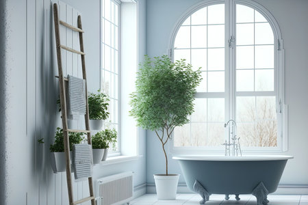 Interior of a white and blue bathroom with a round white tub two small windows a potted tree and a ladder in the corner. an angle. a mockupの素材