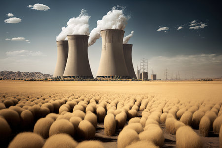 Large chimneys and cooling towers for nuclear power plants can be seen next to a wheat field in the Iranian region of Kurdistanの素材