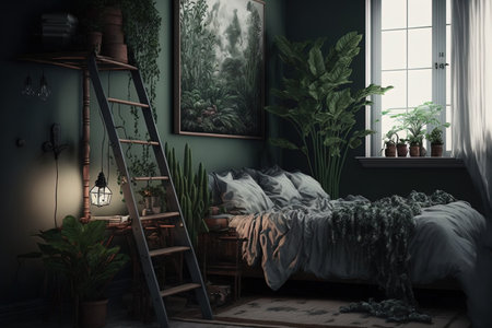 In a green boho bedroom with a grey carpet under lamps the bed is situated between a ladder and a plantの素材
