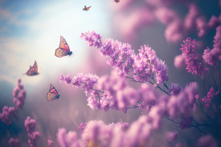 Floral spring natural landscape with wild pink lilac flowers on meadow and fluttering butterflies on blue sky background. Dreamy gentle air artistic image. Soft focus author processingの素材