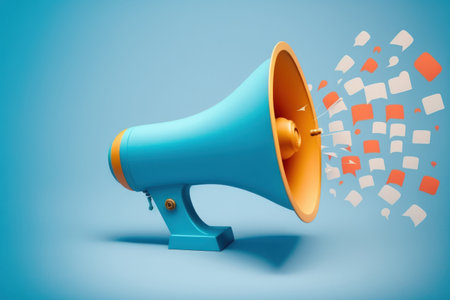 Megaphone with bell notification and hashtags. using a loudspeaker to advertise a network and social media marketing Isolated icon of cartoon imaginative design on a blue backgroundの素材