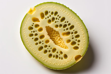 Closeup of a sliced slice of a fresh bitter gourd (also known as a bitter cucumber Momordica charantia or bitter melon) on a white backdropの素材