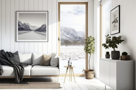 Interior of a white minimalist living room with a sofa on a wooden floor decorations on a big wall and a white landscape outside the window. Nordic interior designの素材