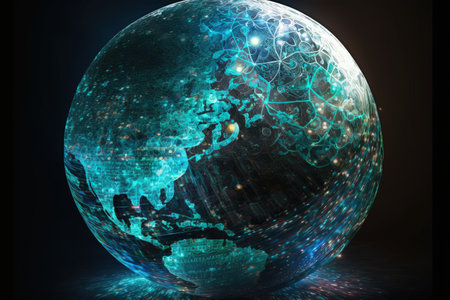 Multiple exposures of the concepts of artificial intelligence and neural networks with a holographic representation of an abstract programming language and a globe map on a computerの素材