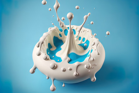 Milk sphere splatters and drops. Example of pouring yogurt. a dairy item. wholesome food Isolated liquid emblem on a blue backdropの素材
