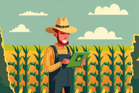 Man checking the status of a corn field with a tablet. Countryman managing agricultural tools. Smart farming idea. Landscape backdrop. Flat horizontal portraitの素材
