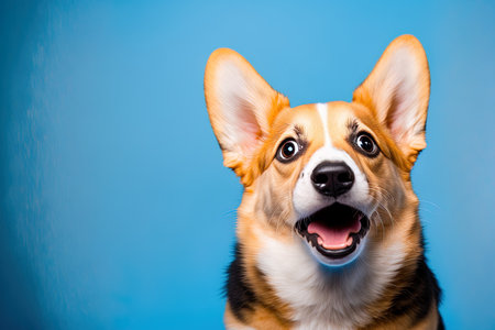 On a blue backdrop a funny studio photograph of a scared corgi puppy is shown. the terrified expression of a dog. The dog searches while waiting for its treat. the idea of caring for pets. Bannerの素材
