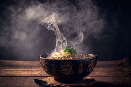 Noodles with steam and smoke in bowl on wooden background selective focus. Asian meal on a table junk food conceptの素材