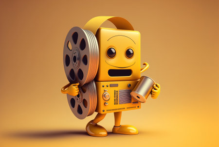 On a yellow background a golden prize winning trophy mascot character is holding a film reel and cinema tape.の素材