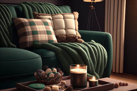 Modern living room hygge decor for fall. Interior design components in dark green plush pillows a plaid sofa with a chocolate muffin an aroma drink cup on a wood tray and a burning scented candleの素材