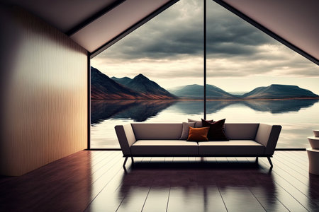 Modern home or upscale hotel living room with sofa on wooden floor. minimalist interior design with a lake and sky viewの素材