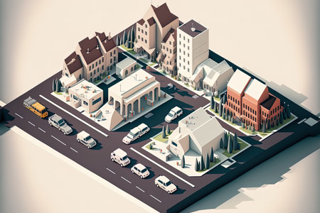 Modern isometric picture of a white clay paper area of the city with common structures including houses stables apartment complexes and autos. the potential for customisationの素材