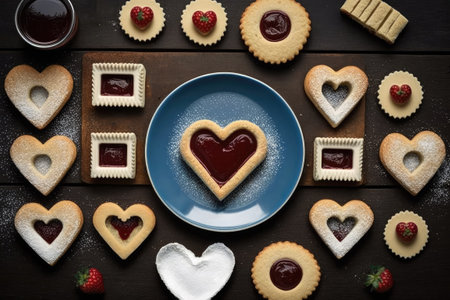 Photograph of Linzer cookies with a heart shape and jam or jelly filling. Concept for sweets baking from above with jam cookie cutters icing sugar and baking sheets. Dishes that symbolize love andの素材