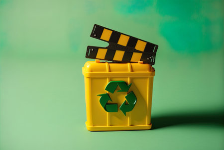 On a yellow background a recycle sign has a green garbage can figure mascot and a movie clapper board.の素材