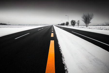 Isolated against a backdrop of pure white is an asphalt road. Straight highway of a road lane for logistics or transit. (Change in route)の素材