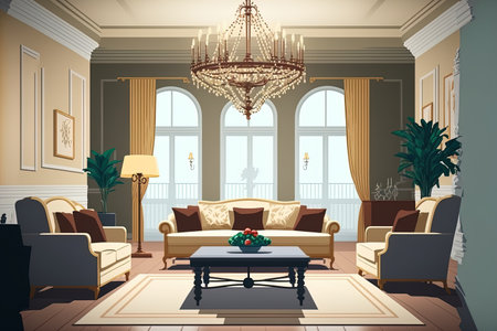 Large light room with neutral furnishings and a chandelier in the traditional style of interior decoratingの素材