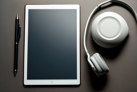 Top view of a digital tablet with a blank screen an earbud a mouse a keyboard and eyeglasses with a spiral notepad.の素材