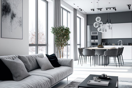Modern open plan apartment with white and gray walls gray fashionable upholstered furniture and large windows in a minimalistic designの素材
