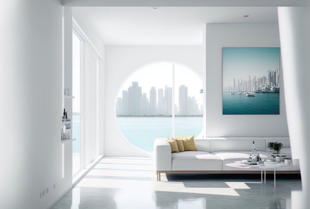 Miami Beach in April 2019 A contemporary neighborhood with expansive views of the city and water. Stunning white minimalist interiorの素材