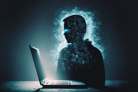 Personal data protection and cyber security concept with a double exposed silhouette of a person using a laptop and a digital white glowing loading sign in a virtual glowing frameの素材