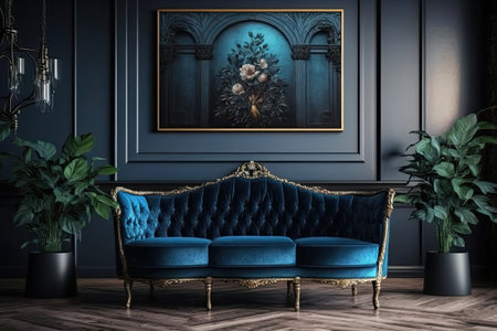 Salon decor for selling and displaying furniture. Exposed for sale in a home furnishings shop is a navy blue sofa settee or couch. Coziness as it relates to the inside of a home including its desigの素材