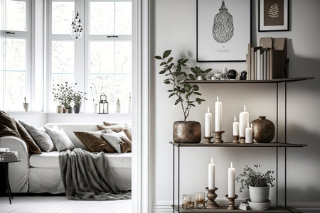 Scandinavian minimalism modern interior design accents. Elegant living area with a boho aesthetic and white walls. Shelves hold candles picture frames storage containers bottles and vasesの素材