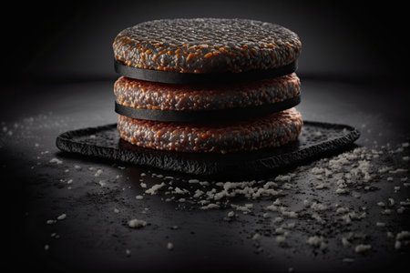 Patties made of ground raw beef. Burger patties that have already been prepared for cooking. Throwing a get together with a grill. Ranchers who raise organic beef. All black backdrop. First rate perspの素材