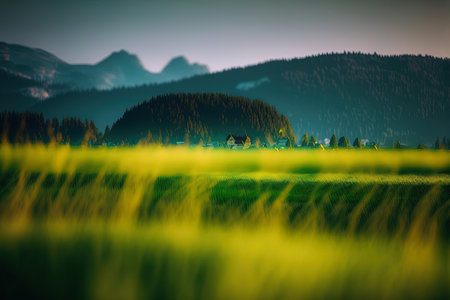 Stunning natural landscape may be seen by gazing at the vast rice fields hills and green trees. blurred backgroundの素材