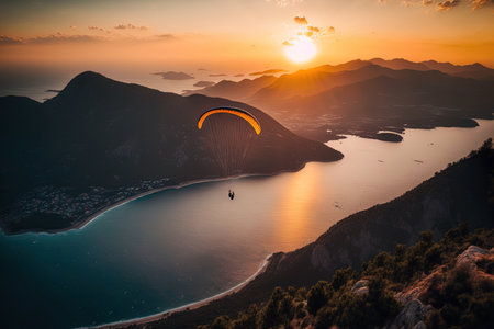 Paragliding in the skies on August 28 2020 at Fethiye Mugla Turkey. Sunset paragliding over the sea and mountains. Oludeniz as seen from aboveの素材