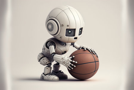 On a white backdrop an adorable robot or artificial intelligence has a cartoon figure clutching a basketballの素材