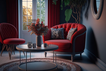 Realistic image of a cozy living room with a round table on a gray carpeting a wicker armchair and a red corner sofaの素材