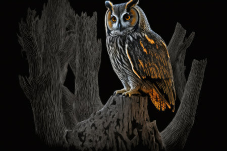 The Asio otus or long eared owl perches on a dead tree. Lovely portrait of an owl with orange eyes. The backdrop is completely black. In the depths of the forest a long eared owl watches the nightの素材