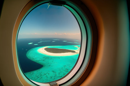 Top view of the Maldives islands as seen from an aircraft window with wings. excellent background for a tripの素材