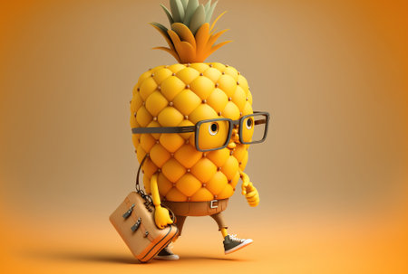 On a yellow background a cute pineapple shaped figure from a hipster cartoon is carrying an orange travel bagの素材