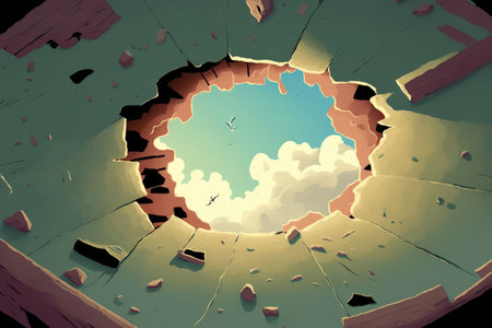 Roof of an old damaged house with a hole in the ceiling and an overcast sky. Close up of a hole in a collapsed concrete wall in an abandoned commercial or residential structureの素材