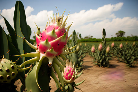Summertime harvest of dragon fruit in Thailand may be seen on the dragon fruit tree at the agricultural farm at the Asian Pitahaya Plantationの素材
