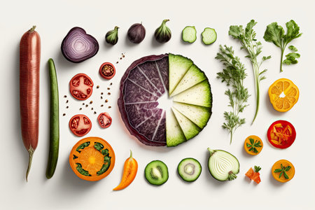 Veggie halves that have been separated. Close up of freshly cut veggies that have been left raw (beetroot zucchini carrot avocado bell pepper cucumber eggplant tomato spices and herbs) White bの素材