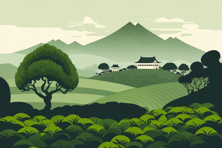 artwork of a green tea plantation scene. Flat rural farming fields a terraced tea plantation green hills and a distant peak are shown in a cartoon. Asian agricultural historyの素材