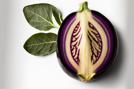 Sliced eggplant or aubergine on a white background. complete depth of field and clipping path. flat lay view and topの素材