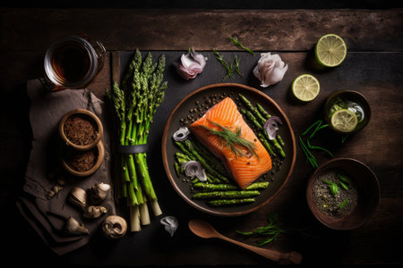 Superfoods top flat lay shot with copy space. Salmon asparagus zucchini healthy diet ingredients on a dark rustic wooden backgroundの素材