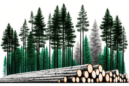 Typical coniferous trees found in a forest. Stacks of logs represent a vital part of the woodworking sector. Long wooden poles for a wide banner or panoramaの素材