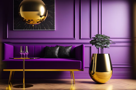 Purple sofa and black table with a gold lamp are placed in a luxurious modern living room that has a bright purple wall and wood floorsの素材