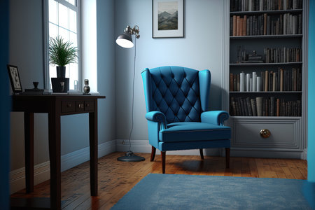 Realistic image of a blue broad chair perched on a rug in the middle of a large living room with grey walls and a wooden floor near to a bookcase and a tableの素材