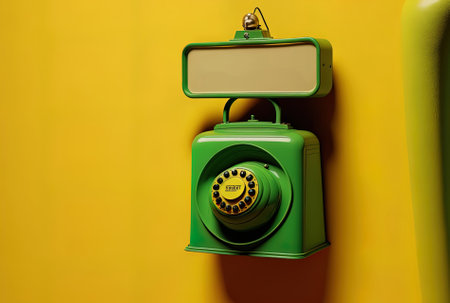 On a yellow backdrop a recycle sign with a green garbage can figure mascot and a hotel bell call can be seen.の素材