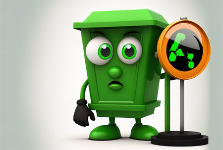 On a white backdrop a recycle sign with a green garbage can character mascot and a green signal for traffic.の素材